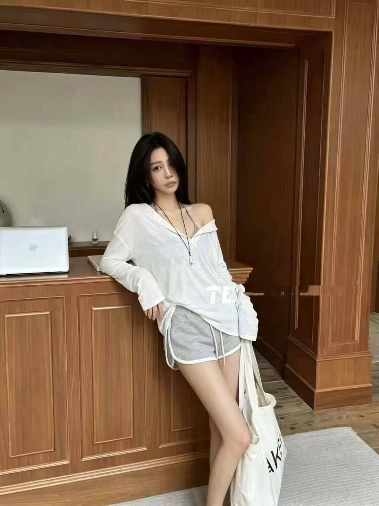 새로운 달콤한 매운맛 얇은 스타일 루즈핏 긴팔 에어컨 셔츠 행침 목 조끼 허리밴드 반바지 3 세트 상세 이미지 3
