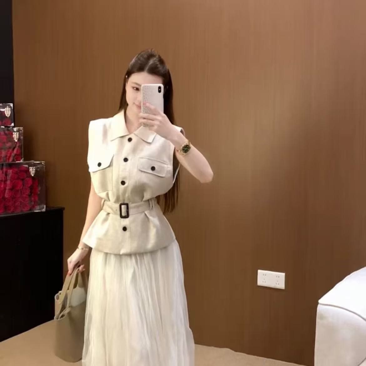 새로운 한국 스타일 패션 调性 품격 디자인 센스 허리 수축 베스트 허리밴드 망사 치마 투피스 슈트 상세 이미지 5