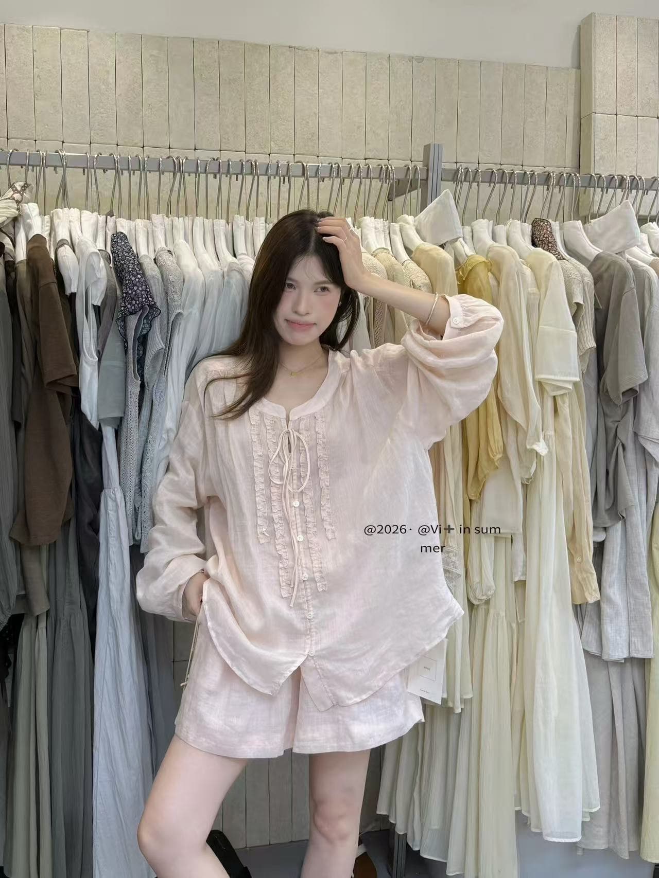 새로운 한국 스타일 목이버섯 레이스 레이스업 라미 긴팔 셔츠 허리밴드 캐주얼 반바지 투피스 세트 상세 이미지 1