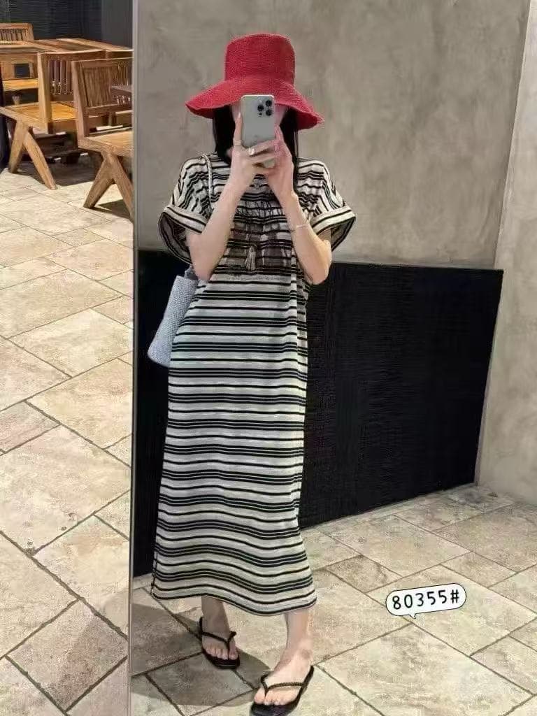 새로운 느긋한 바람 스트라이프 고양이 프린트 통기성 얇고 가벼운 슬림해 보이는 품격 드레스 상세 이미지 3