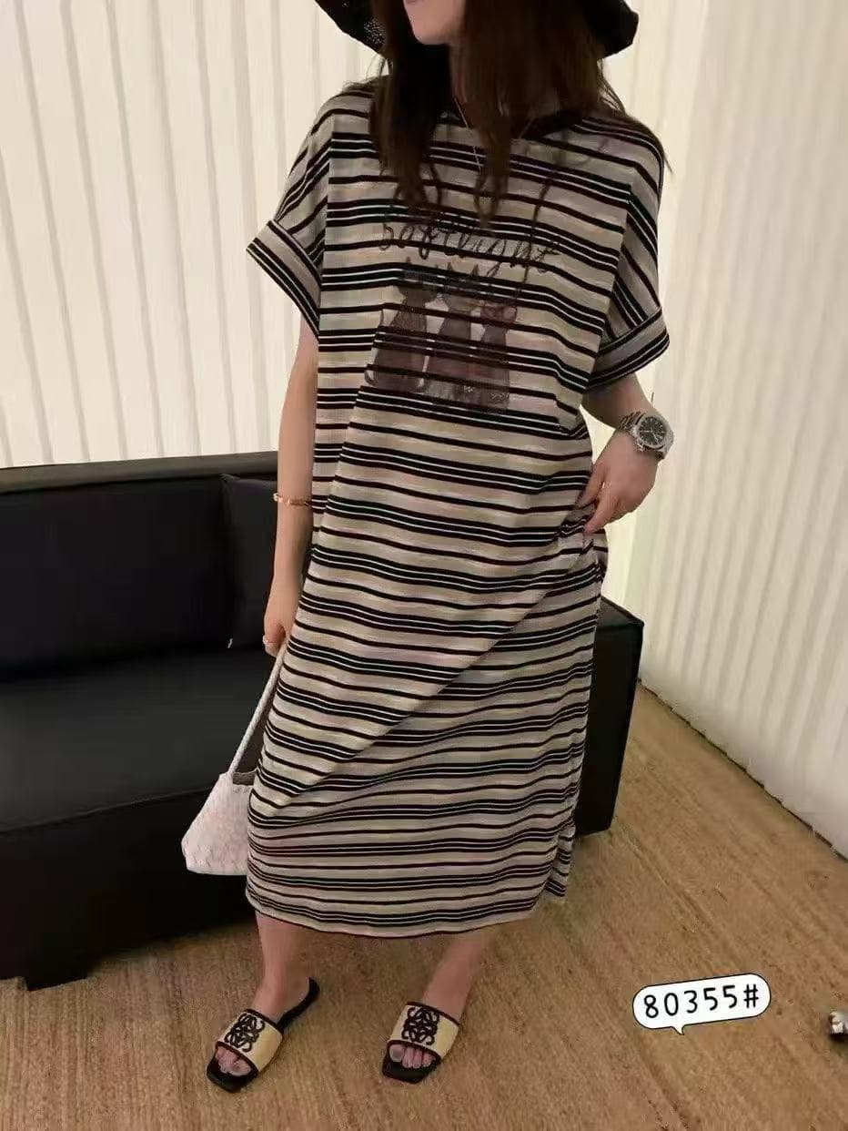 새로운 느긋한 바람 스트라이프 고양이 프린트 통기성 얇고 가벼운 슬림해 보이는 품격 드레스 상세 이미지 5