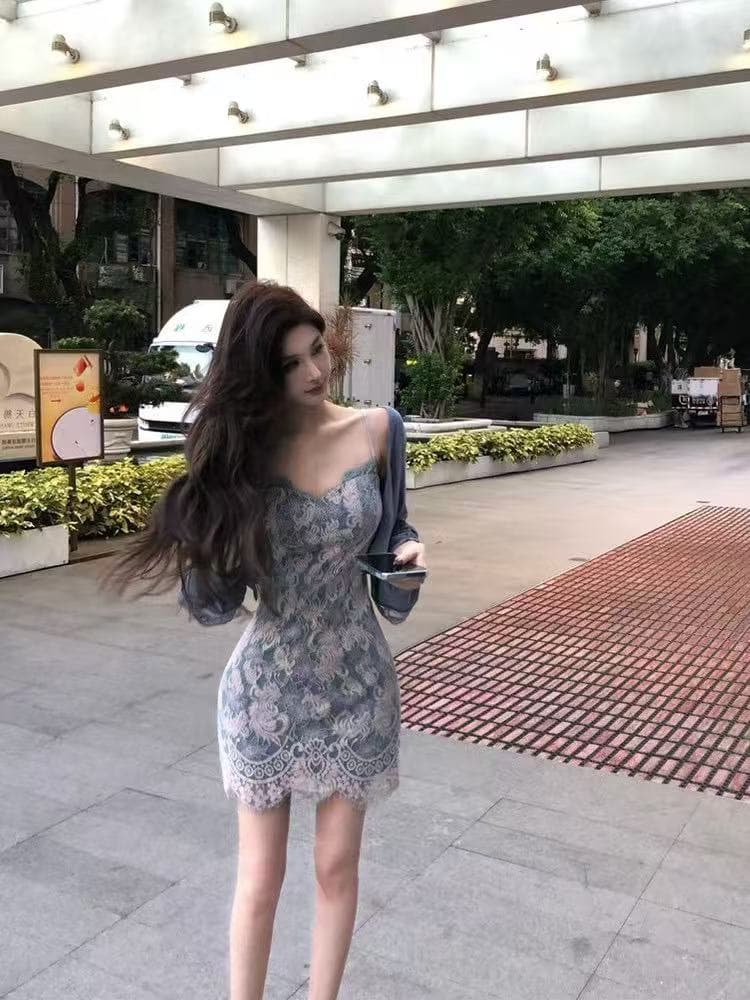 새로운 순수한 욕망 바람 쇼트 스타일 나팔 소매 오픈 가디건 섹시함 몸매 가꾸기 레이스 슬립 드레스 투피스 세트 상세 이미지 3
