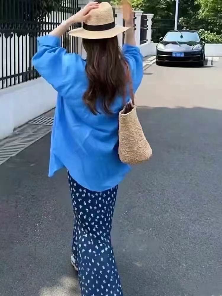 새로운 한국 스타일 패션 상쾌 블루 긴팔 셔츠 휴가 바람 꽃무늬 슬립 드레스 투피스 세트 상세 이미지 3