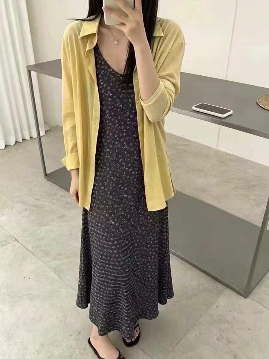 새로운 한국 스타일 패션 상쾌 블루 긴팔 셔츠 휴가 바람 꽃무늬 슬립 드레스 투피스 세트 상세 이미지 7