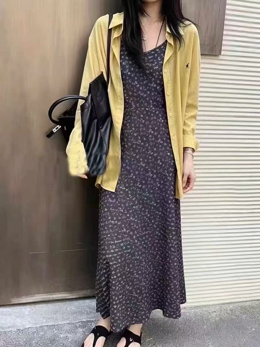새로운 한국 스타일 패션 상쾌 블루 긴팔 셔츠 휴가 바람 꽃무늬 슬립 드레스 투피스 세트 상세 이미지 8