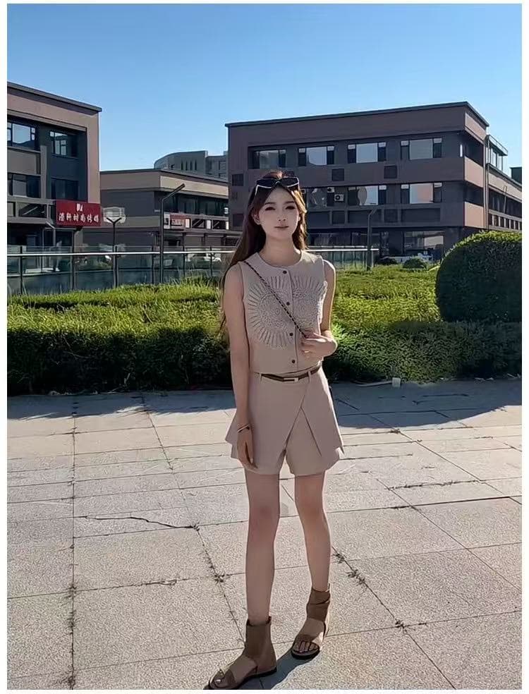 새로운 패션 레트로 품격 홀로우 아웃 조끼 하이웨이스트 페이크 레이어드 방귀 커튼 바지 벨트 3 세트 상세 이미지 3