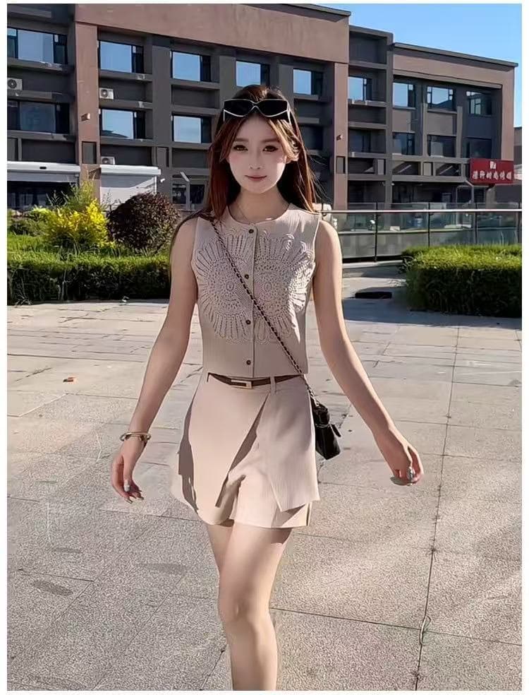 새로운 패션 레트로 품격 홀로우 아웃 조끼 하이웨이스트 페이크 레이어드 방귀 커튼 바지 벨트 3 세트 상세 이미지 5