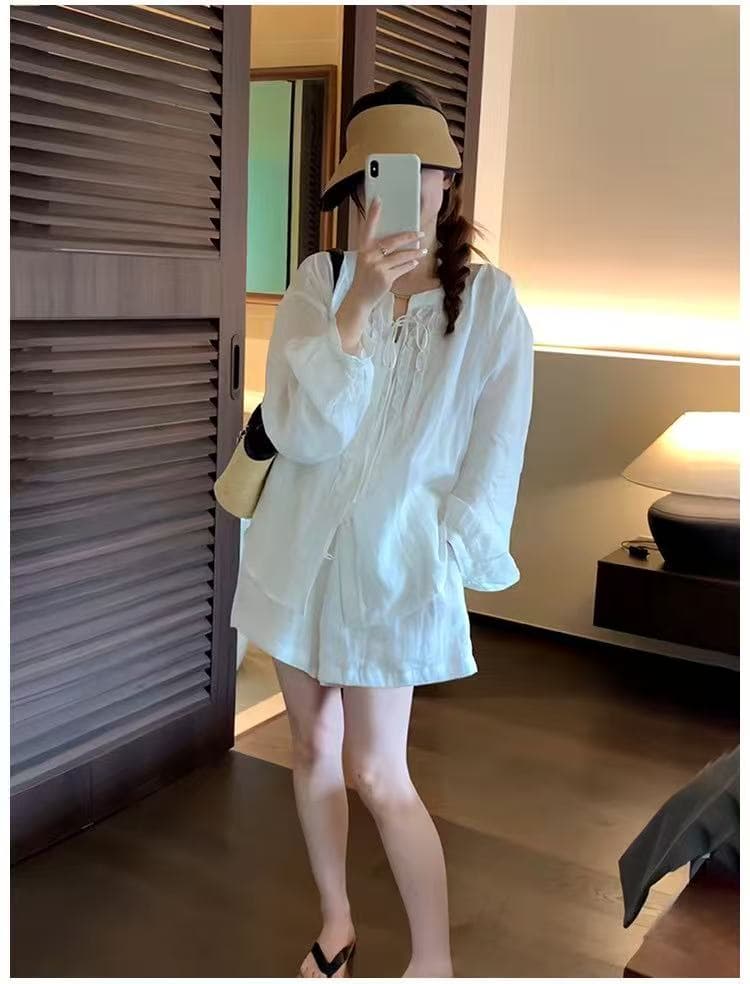 한 부서 루즈핏 캐주얼 패션 프릴 주간 실크 마 자외선 차단 셔츠 허리밴드 반바지 투피스 세트 이미지 5
