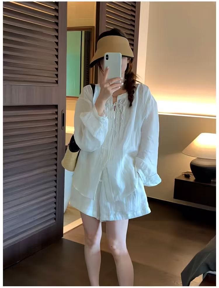 한 부서 루즈핏 캐주얼 패션 프릴 주간 실크 마 자외선 차단 셔츠 허리밴드 반바지 투피스 세트 상세 이미지 1