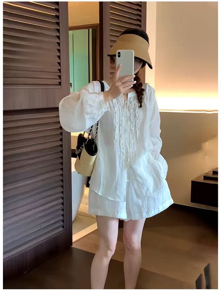 한 부서 루즈핏 캐주얼 패션 프릴 주간 실크 마 자외선 차단 셔츠 허리밴드 반바지 투피스 세트 상세 이미지 3