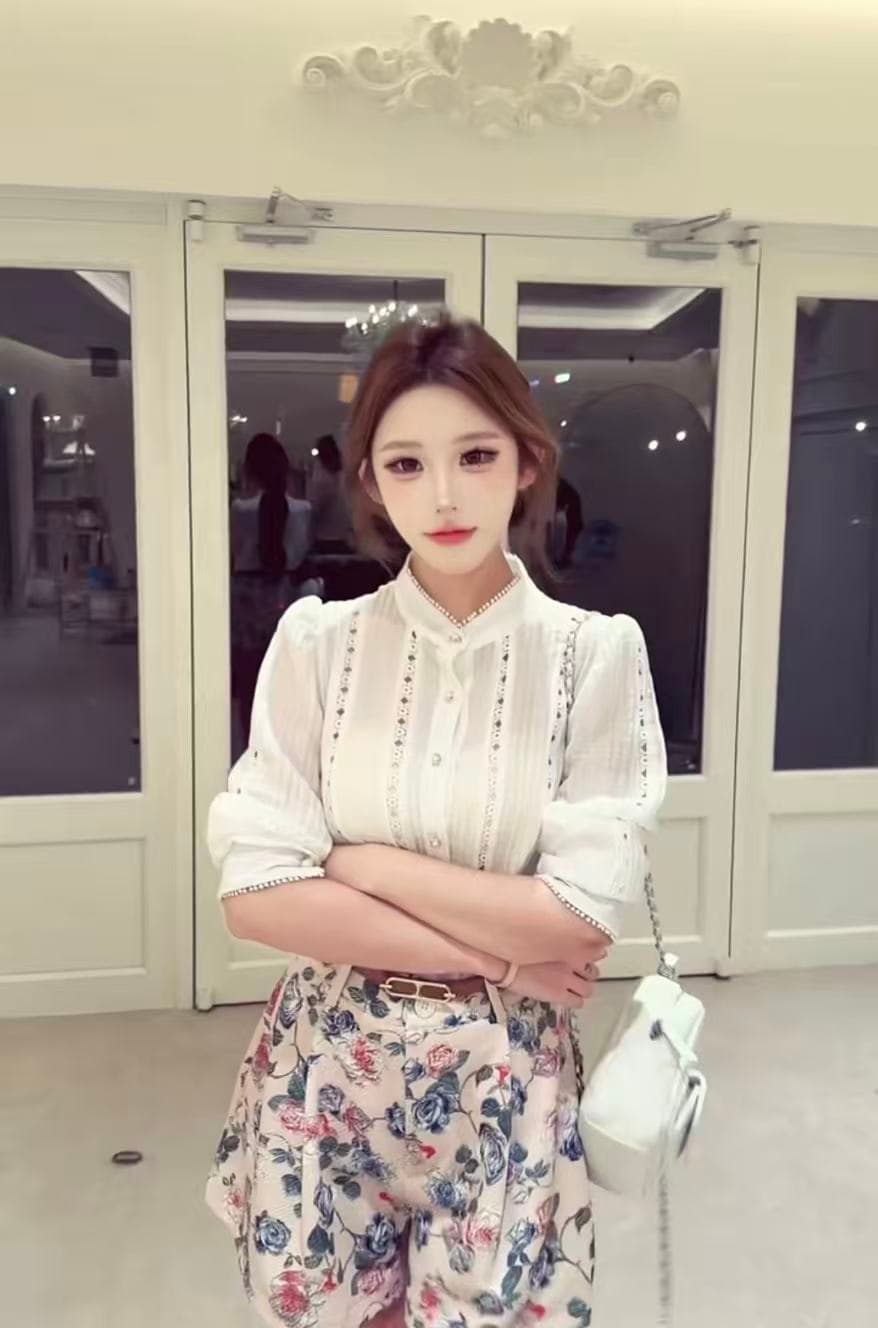 새로운 한국 스타일 패션 품격 미니멀리즘 패치워크 레이스 셔츠 하이웨이스트 꽃무늬 반바지 벨트 3 세트 상세 이미지 3