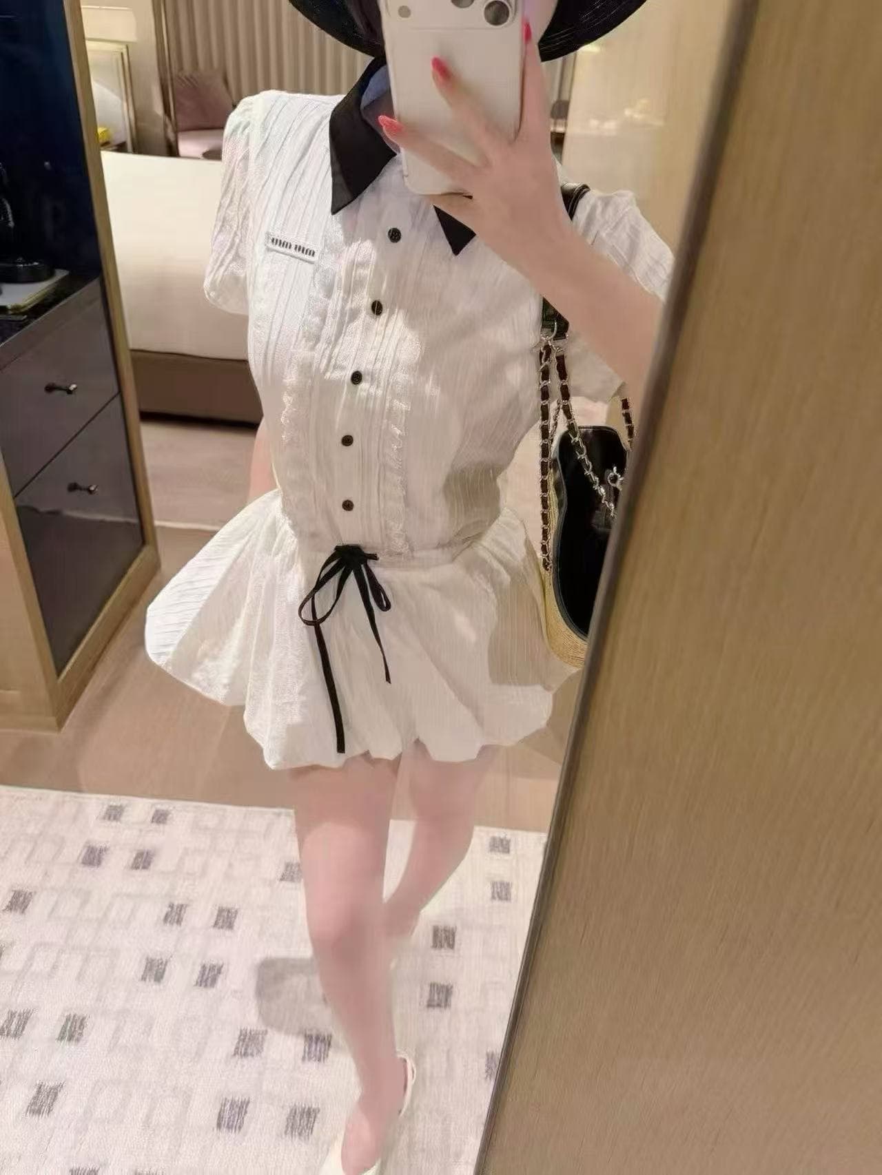 새로운 학원 스타일 패션 배색 POLO 칼라 허리 수축 펌프 로프 드레스 허리밴드 반바지 세트 이미지 5