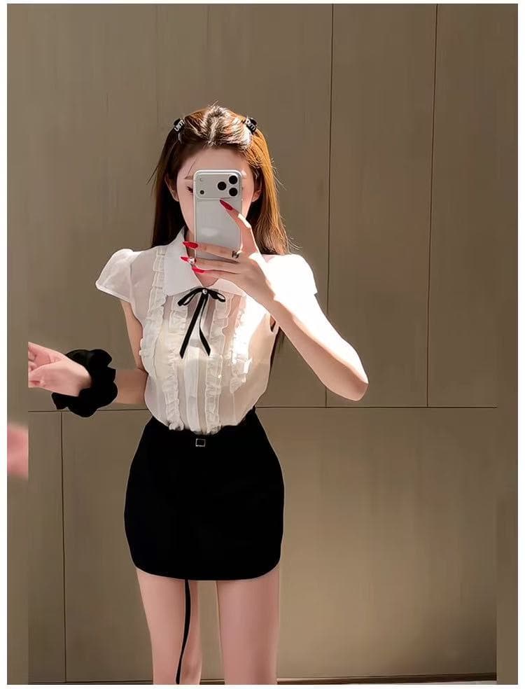 한 부서 달콤함 소녀 센스 무거운 작업 레이스 몸매 가꾸기 외국 가스 작은 셔츠 하이웨이스트 슬림해 보이는 타이트 스커트 반신 치마 세트 이미지 4