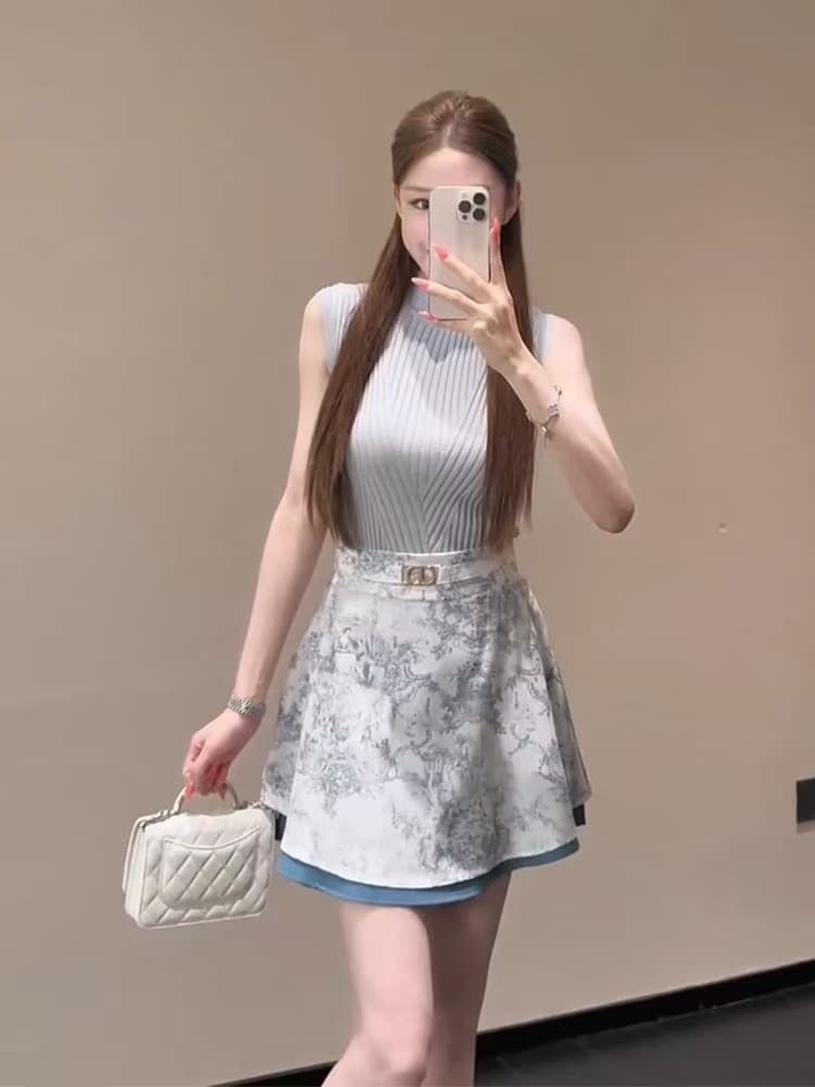 새로운 한 부서 품격 작은 샤넬 스타일 어깨 반하이넥 니트 맨위 하이웨이스트 수묵화 미니 스커트 세트 상세 이미지 2