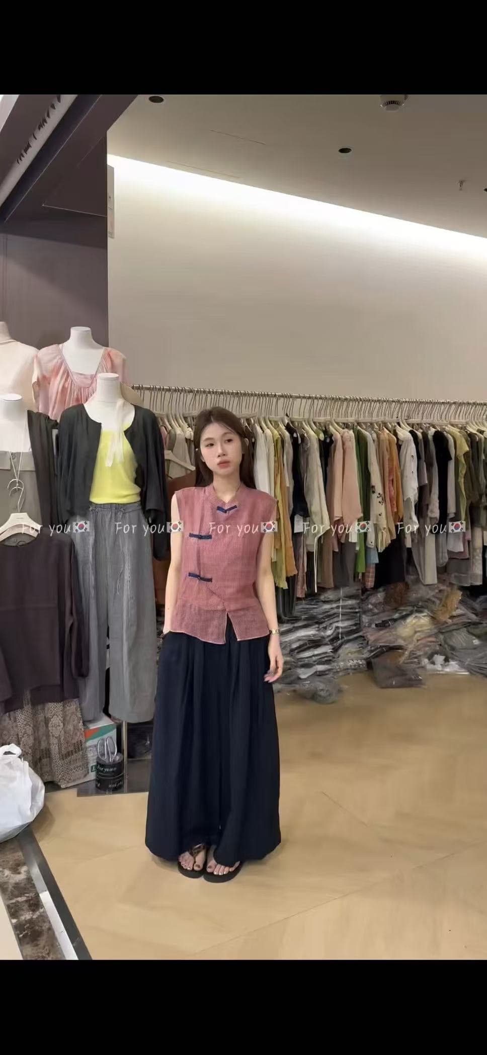 새로운 중식 단추 민소매 맨위 허리밴드 캐주얼 패션 와이드 레그 팬츠 세트 이미지 5