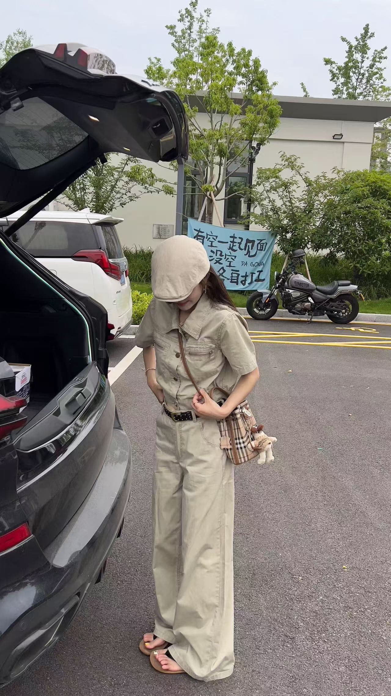 새로운 한국 스타일 패션 루즈핏 쇼트 스타일 워크웨어 데님 재킷 하이웨이스트 넓은 다리 길이 바지 벨트 3 세트 상세 이미지 9
