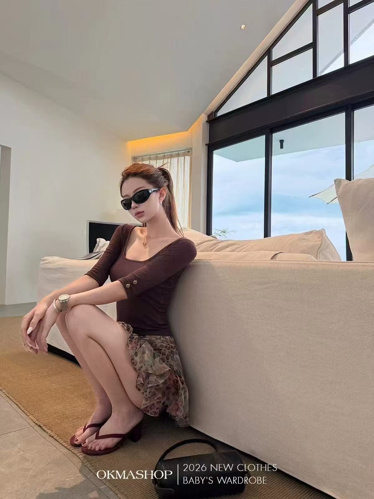 새로운 u 칼라 미니멀리즘 품격 몸매 가꾸기 중간 소매 단추 맨위 허리밴드 프린트 반신 치마 세트 상세 이미지 3