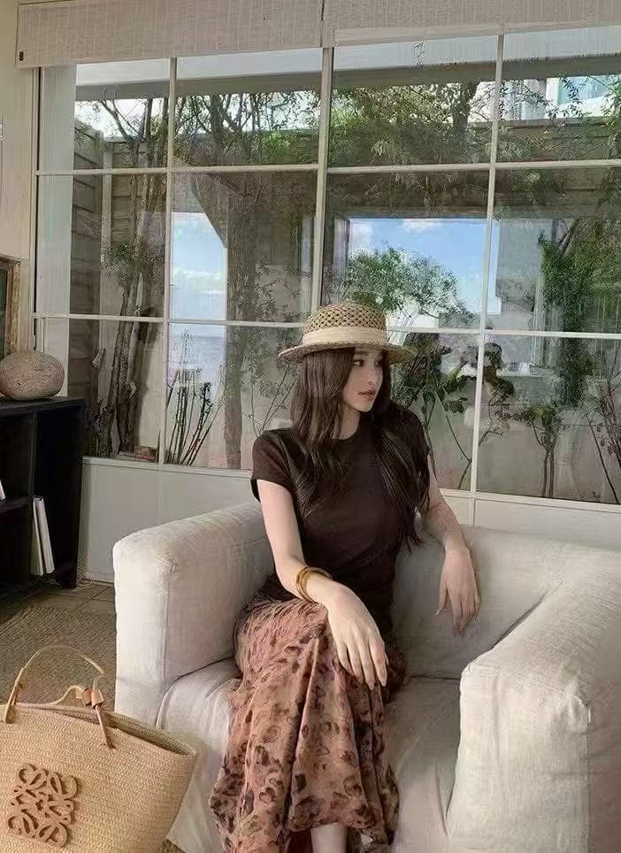 새로운 한 부서 패션 레트로 스타일 몸매 가꾸기 반팔 티셔츠 허리밴드 레오파드 무늬 꽃무늬 인어 꼬리 롱 스커트 세트 상세 이미지 2