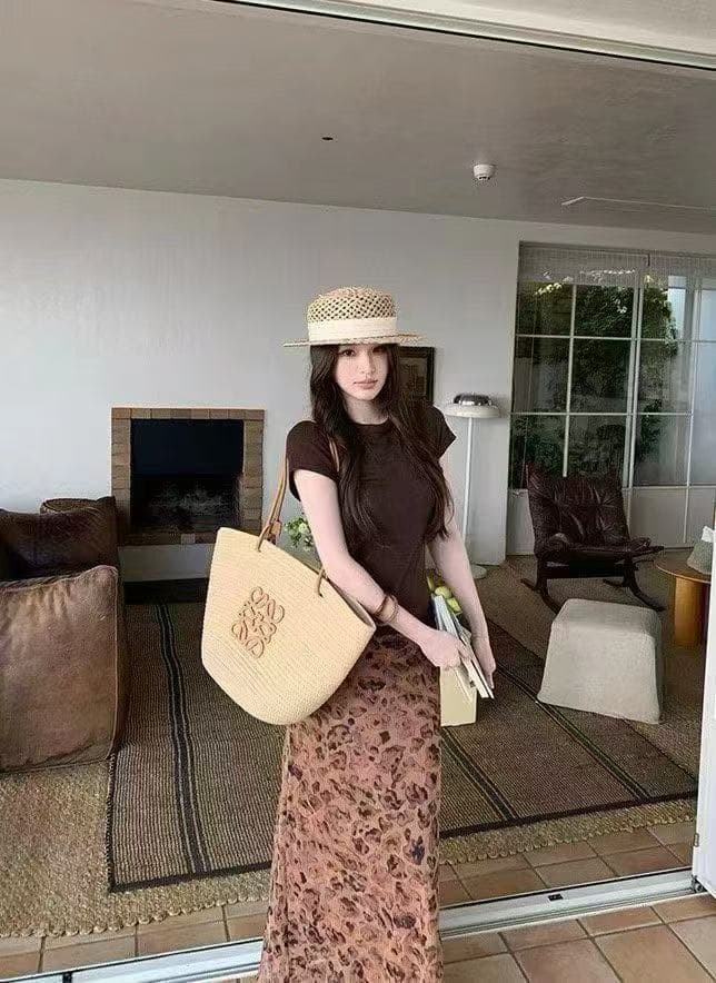 새로운 한 부서 패션 레트로 스타일 몸매 가꾸기 반팔 티셔츠 허리밴드 레오파드 무늬 꽃무늬 인어 꼬리 롱 스커트 세트 상세 이미지 9