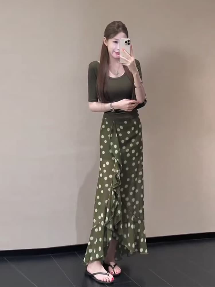 새로운 순수한 욕망 몸매 가꾸기 u 칼라 맨위 허리밴드 프릴 트임 도트 무늬 반신 치마 세트 이미지 3