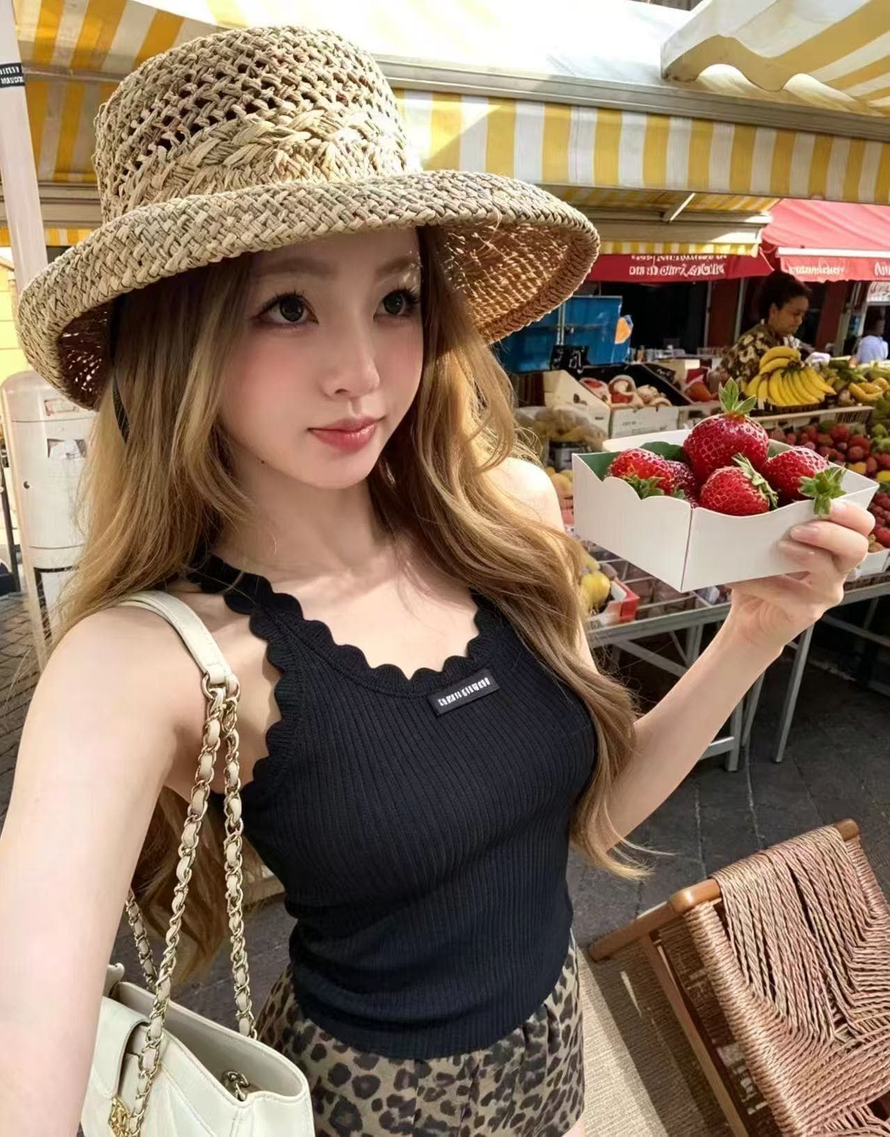 새로운 핫걸 홀로우 아웃 레이스 몸매 가꾸기 슬림해 보이는 니트 민소매 맨위 허리밴드 레오파드 무늬 미니 스커트 세트 이미지 4