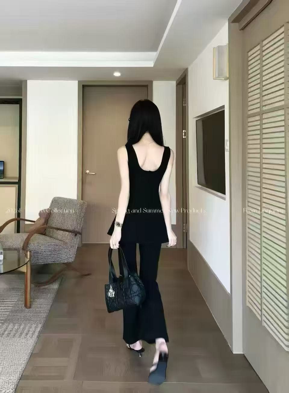 새로운 한국 스타일 품격 패션 허리 수축 백리스 민소매 맨위 허리밴드 캐주얼 스트레이트 팬츠 투피스 세트 상세 이미지 3