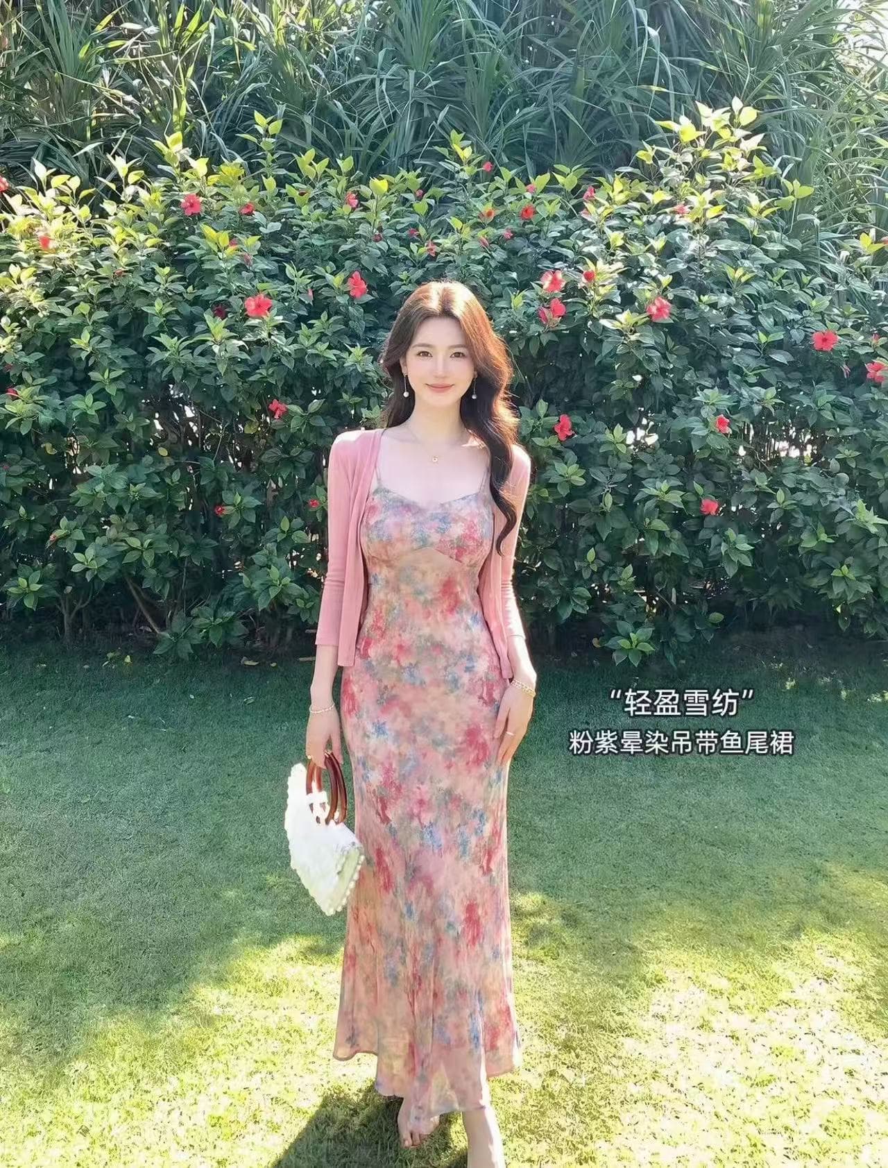 새로운 고유 한 아름다운 휴가 허리 수축 프랑스식 꽃무늬 슬립 드레스 드레스 오픈 가디건 투피스 세트 상세 이미지 4