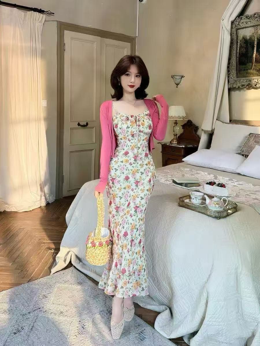 새로운 프랑스식 품격 휴가 바람 몸매 가꾸기 슬림해 보이는 꽃무늬 슬립 드레스 쇼트 스타일 오픈 가디건 투피스 세트 이미지 2