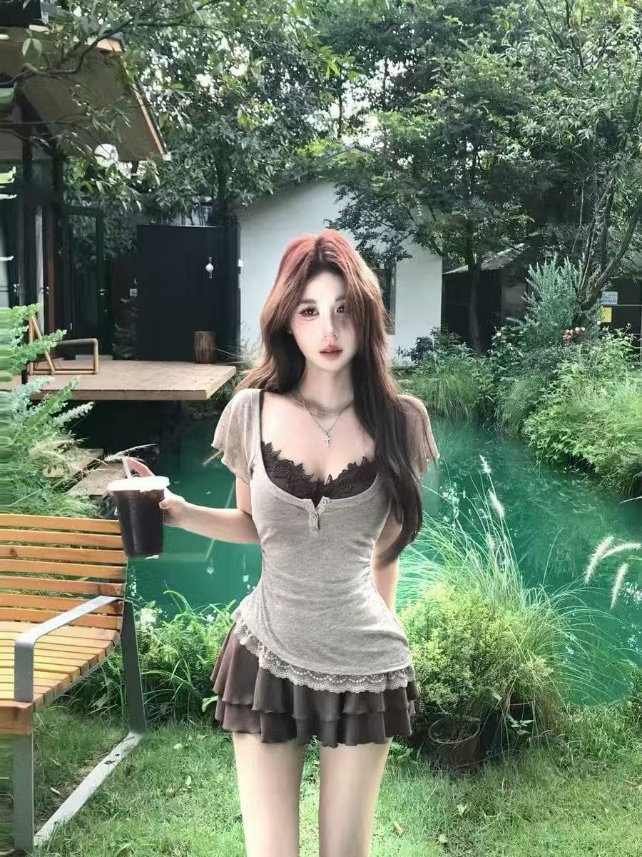 새로운 순수한 욕망 달콤한 매운맛 바람 아름다운 꼬집기 허리 고유 한 Chic 불규칙 블라우스 슬림해 보이는 케이크 미니 스커트 세트 이미지 2