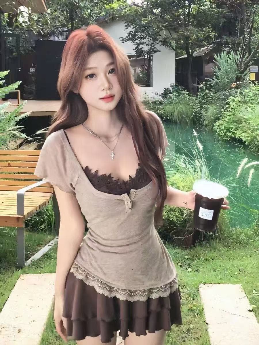 새로운 순수한 욕망 달콤한 매운맛 바람 아름다운 꼬집기 허리 고유 한 Chic 불규칙 블라우스 슬림해 보이는 케이크 미니 스커트 세트 이미지 4