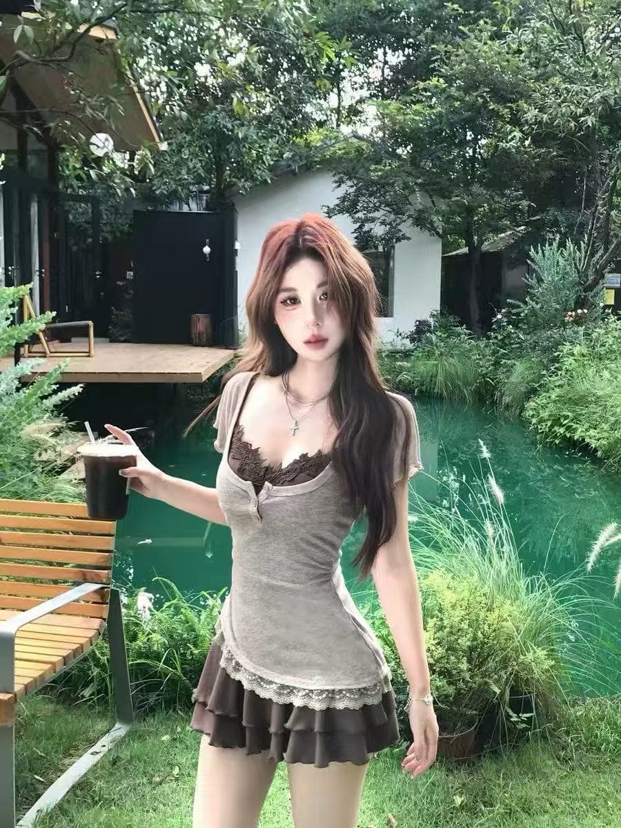 새로운 순수한 욕망 달콤한 매운맛 바람 아름다운 꼬집기 허리 고유 한 Chic 불규칙 블라우스 슬림해 보이는 케이크 미니 스커트 세트 상세 이미지 2