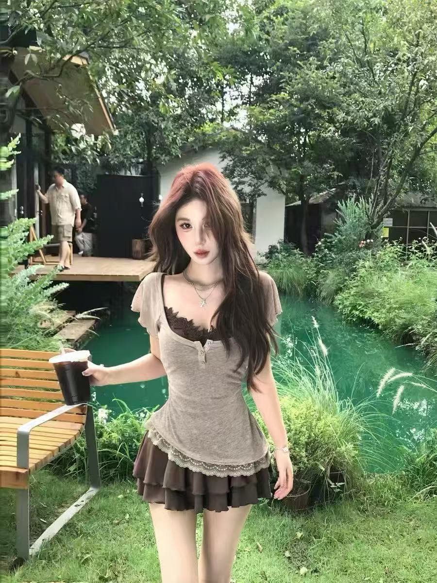 새로운 순수한 욕망 달콤한 매운맛 바람 아름다운 꼬집기 허리 고유 한 Chic 불규칙 블라우스 슬림해 보이는 케이크 미니 스커트 세트 상세 이미지 5