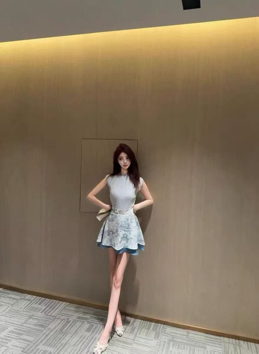 새로운 한 부서 품격 작은 샤넬 스타일 어깨 반하이넥 니트 맨위 하이웨이스트 수묵화 미니 스커트 세트 상세 이미지 7