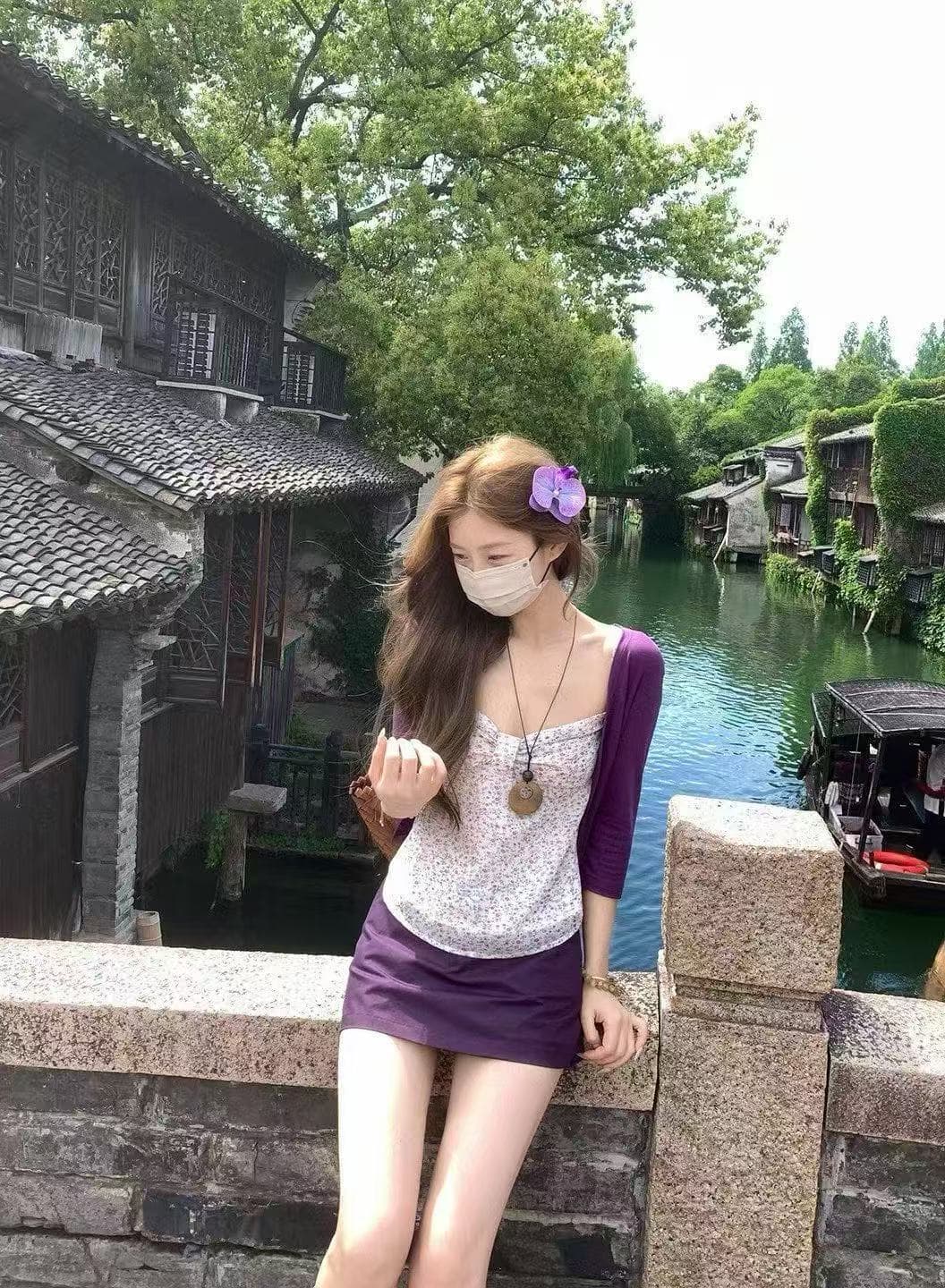 새로운 패션 편안함 미니멀리즘 얇은 스타일 오픈 가디건 꽃무늬 주름 허리 수축 슬립 하이웨이스트 미니 스커트 세트 상세 이미지 5