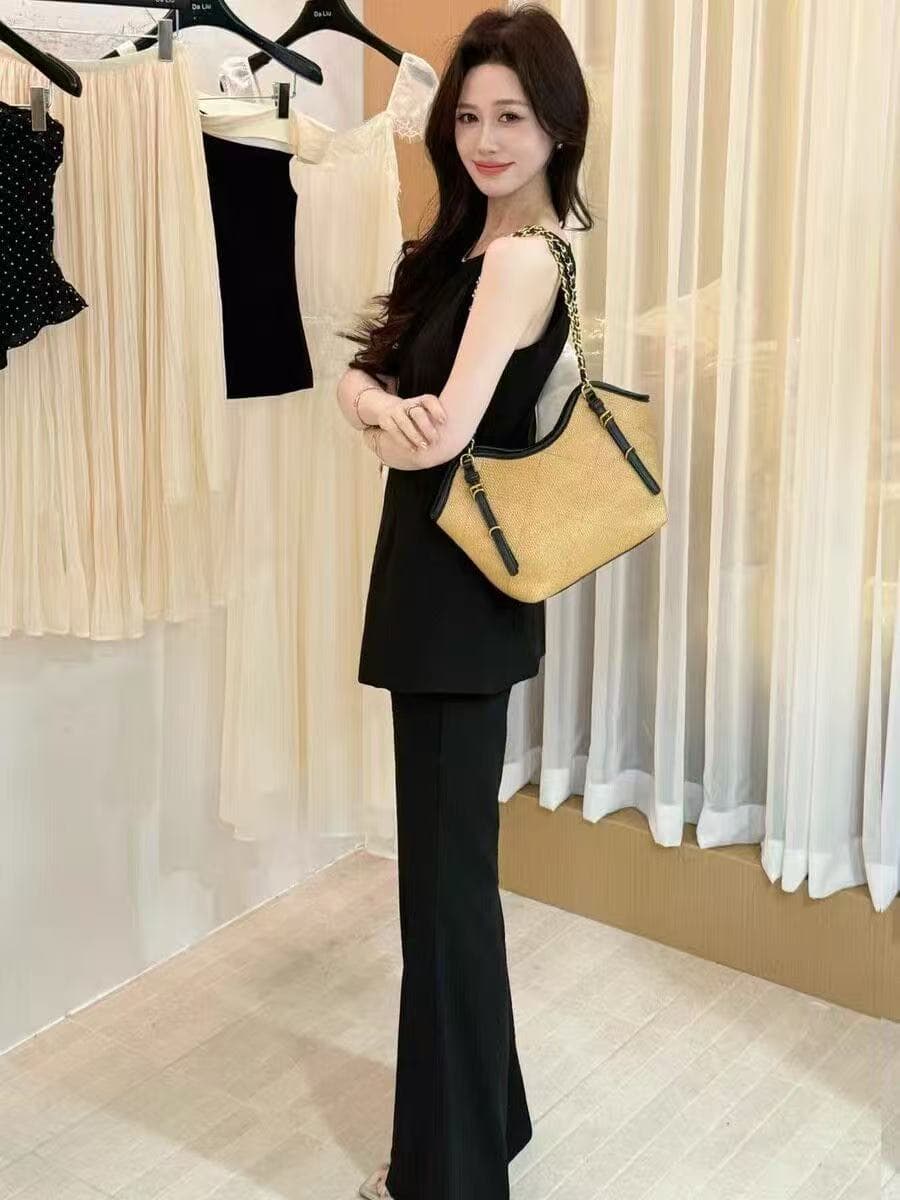 새로운 한 부서 품격 민소매 백리스 나비 매듭 조끼 맨위 하이웨이스트 슬림해 보이는 나팔 바지 투피스 세트 상세 이미지 3