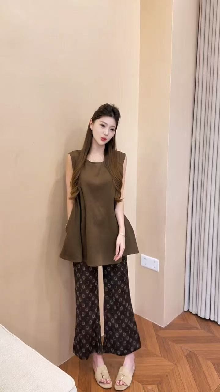 새로운 한국 스타일 품격 패션 허리 수축 루즈핏 민소매 맨위 허리밴드 프린트 캐주얼 바지 투피스 세트 상세 이미지 2