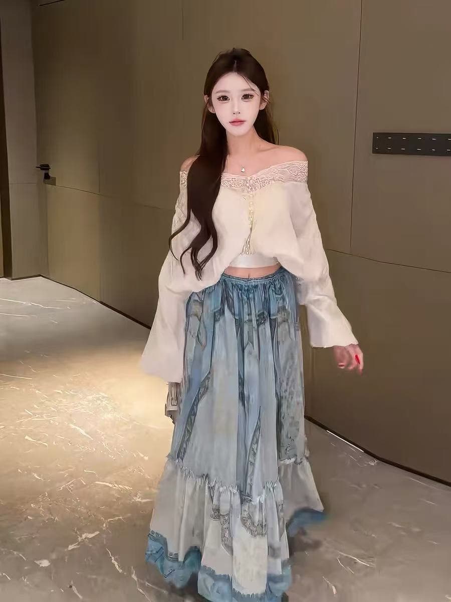 새로운 프랑스식 품격 아름다운 휴가 바람 레이스 조각 셔츠 허리밴드 프린트 반신 스커트 투피스 세트 이미지 4