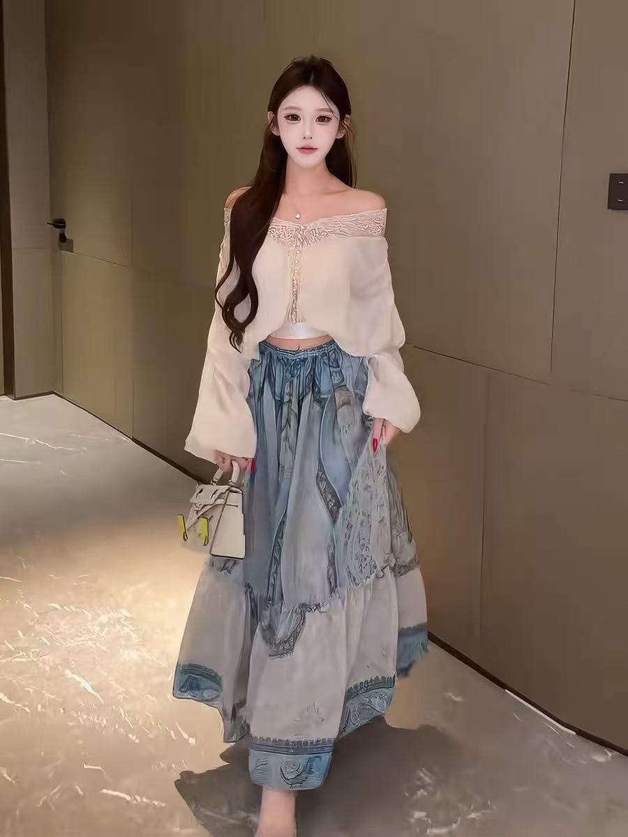 새로운 프랑스식 품격 아름다운 휴가 바람 레이스 조각 셔츠 허리밴드 프린트 반신 스커트 투피스 세트 상세 이미지 1