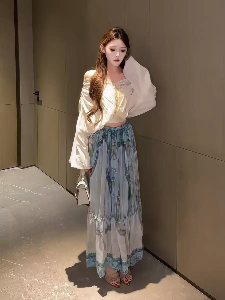 새로운 프랑스식 품격 아름다운 휴가 바람 레이스 조각 셔츠 허리밴드 프린트 반신 스커트 투피스 세트 상세 이미지 4