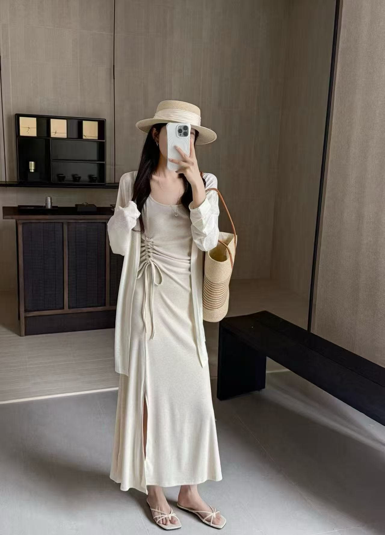 새로운 얇은 스타일 자외선 차단 오픈 가디건 섹시함 트임 펌프 Pleat 허리 수축 슬림해 보이는 슬립 드레스 투피스 세트 상세 이미지 8