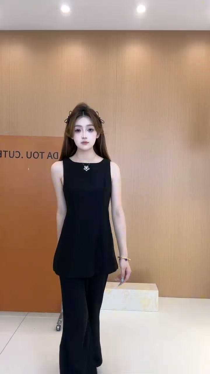 새로운 한 부서 품격 민소매 백리스 나비 매듭 조끼 맨위 하이웨이스트 슬림해 보이는 나팔 바지 투피스 세트 상세 이미지 1