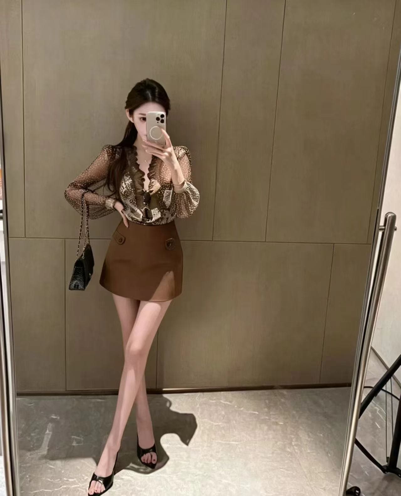 새로운 패션 레트로 핫걸 바람 레오파드 무늬 도트 무늬 패치워크 레이스 맨위 하이웨이스트 한 마디 미니 스커트 세트 이미지 4