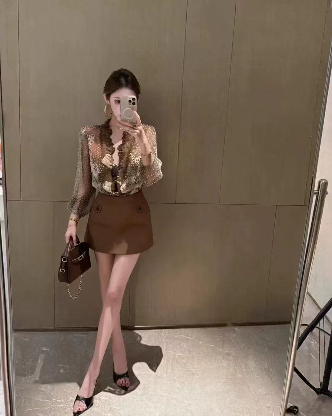 새로운 패션 레트로 핫걸 바람 레오파드 무늬 도트 무늬 패치워크 레이스 맨위 하이웨이스트 한 마디 미니 스커트 세트 상세 이미지 1