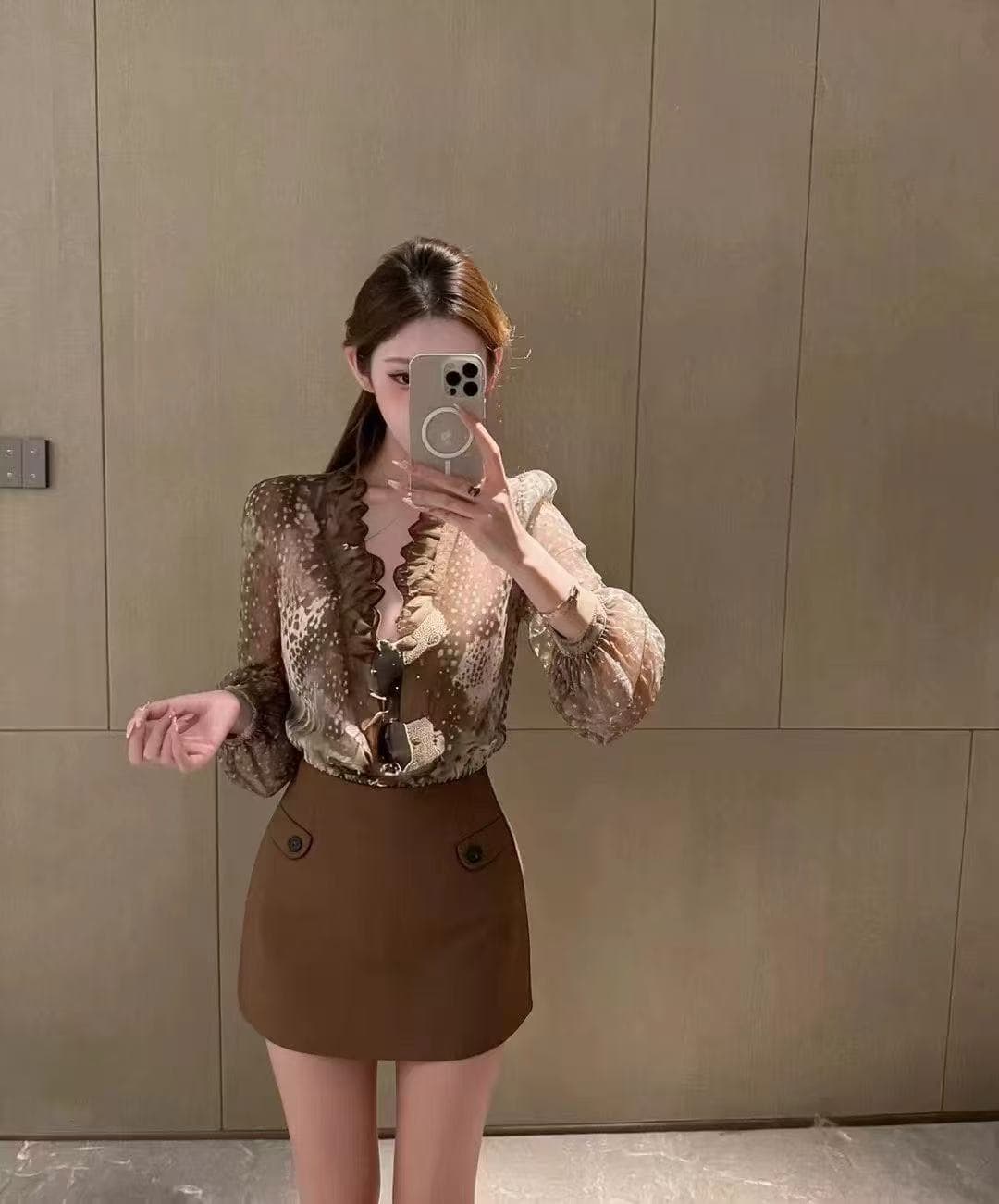 새로운 패션 레트로 핫걸 바람 레오파드 무늬 도트 무늬 패치워크 레이스 맨위 하이웨이스트 한 마디 미니 스커트 세트 상세 이미지 3
