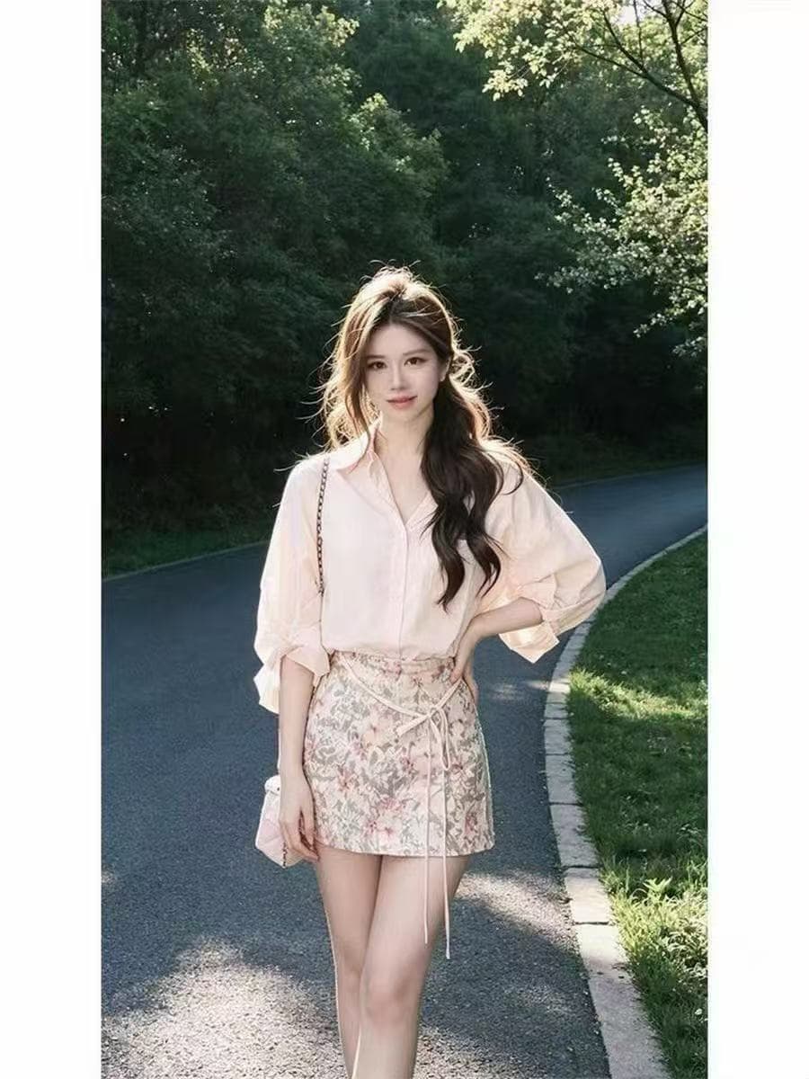 새로운 순수한 욕망 바람 핫걸 레트로 섹시함 폴로 칼라 긴팔 셔츠 하이웨이스트 꽃무늬 반신 스커트 투피스 세트 이미지 2