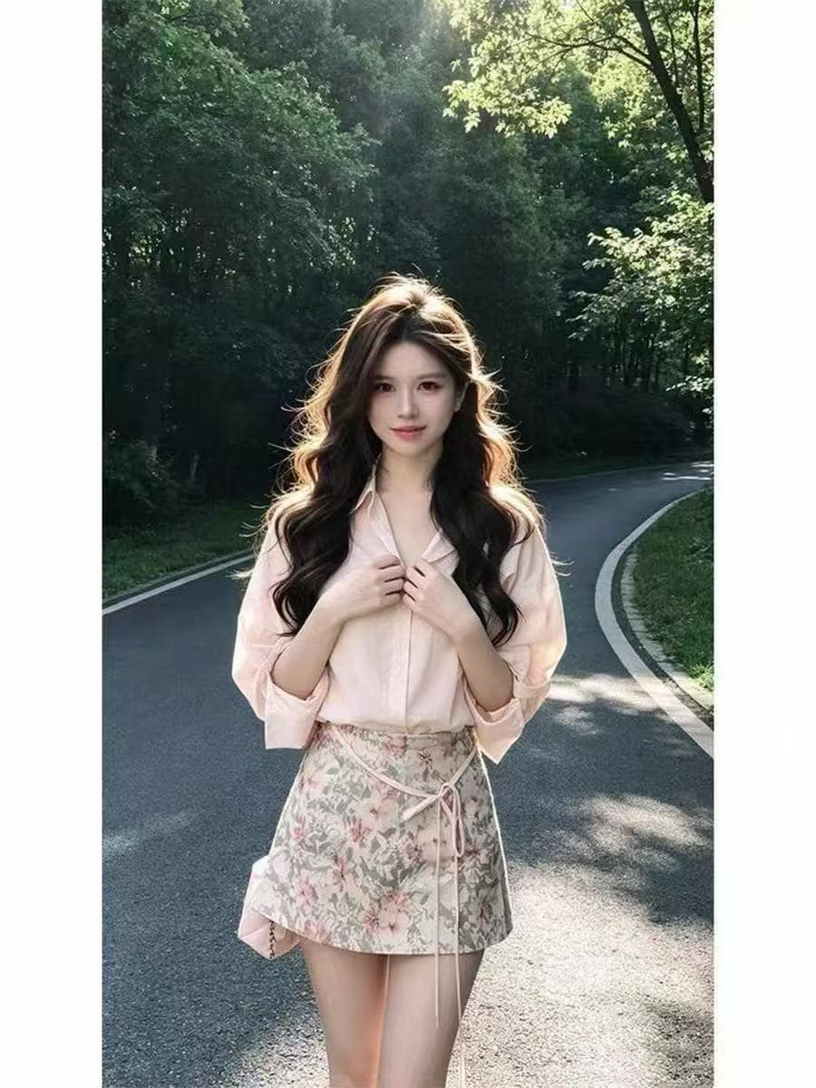 새로운 순수한 욕망 바람 핫걸 레트로 섹시함 폴로 칼라 긴팔 셔츠 하이웨이스트 꽃무늬 반신 스커트 투피스 세트 이미지 4