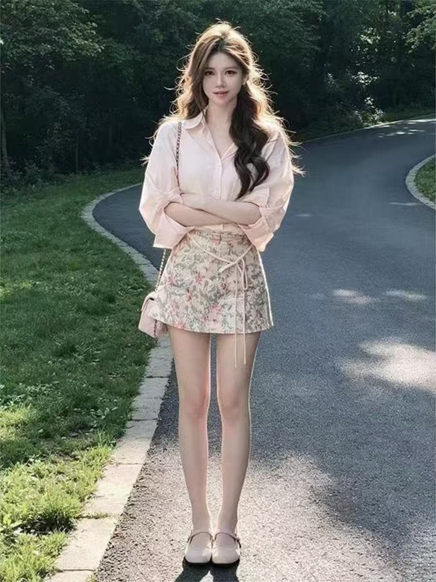 새로운 순수한 욕망 바람 핫걸 레트로 섹시함 폴로 칼라 긴팔 셔츠 하이웨이스트 꽃무늬 반신 스커트 투피스 세트 이미지 5