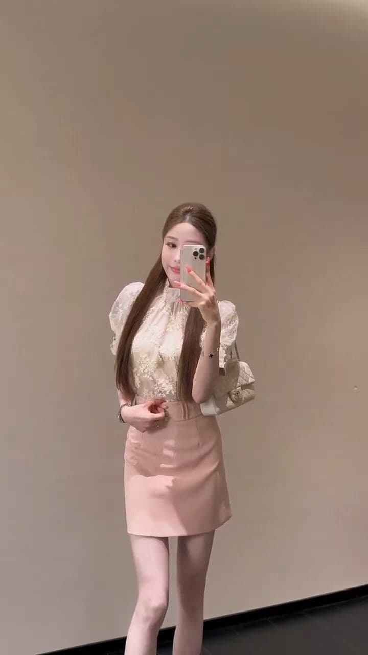 새로운 한국 스타일 패션 품격 스탠드 칼라 거품 소매 레이스 셔츠 하이웨이스트 슬림해 보이는 미니 스커트 세트 이미지 5