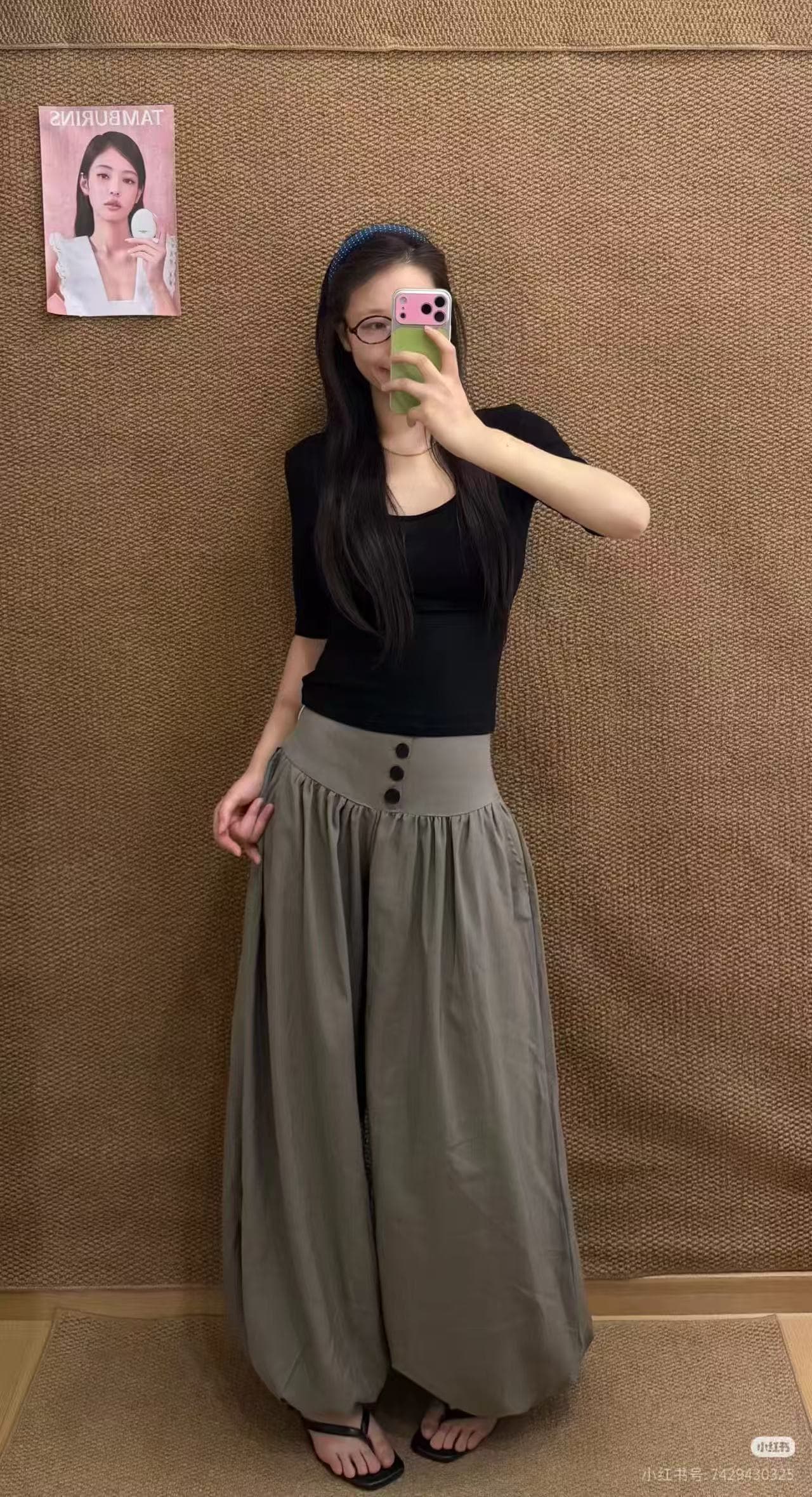 새로운 패션 미니멀리즘 u 칼라 반팔 맨위 허리밴드 도루 가을 센스 느긋한 바람 배기 바지 투피스 세트 상세 이미지 9