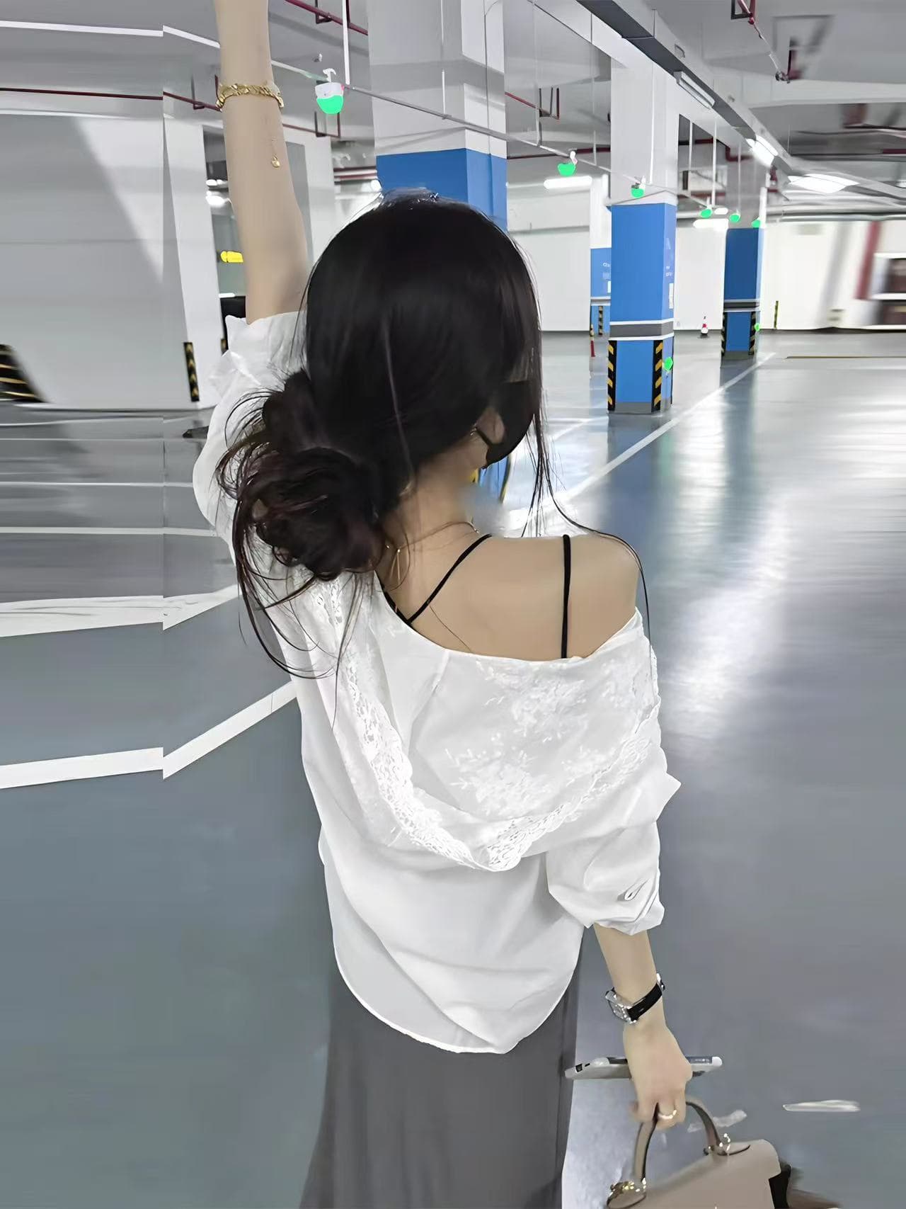 새로운 한국 스타일 패션 캐주얼 후드 레이스 자외선 차단 셔츠 허리밴드 반신 스커트 투피스 세트 상세 이미지 1